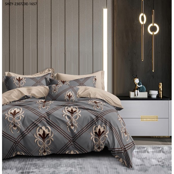 Lenjerie de pat din Finet, Jojo, 6 Piese, Pat 2 Persoane, Gri-Crem, flori, PAP-PH-014