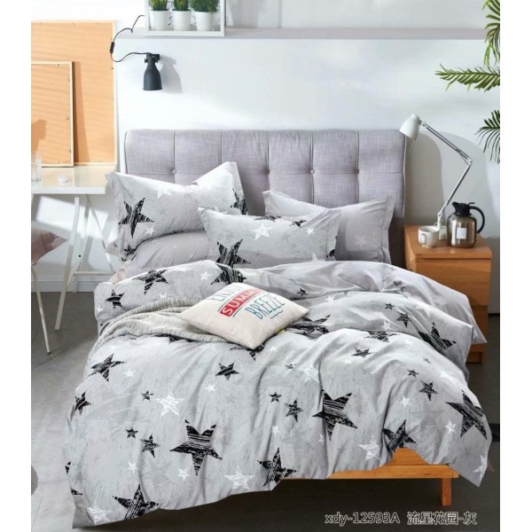 Lenjerie de pat din Finet, Jojo, 6 Piese, Pat 2 Persoane, Gri-Negru, stele, PAP-PH-016