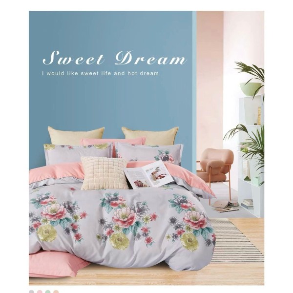 Lenjerie de pat din Finet, Jojo, 6 Piese, Pat 2 Persoane, Roz-Multicolor, flori, PAP-PH-017