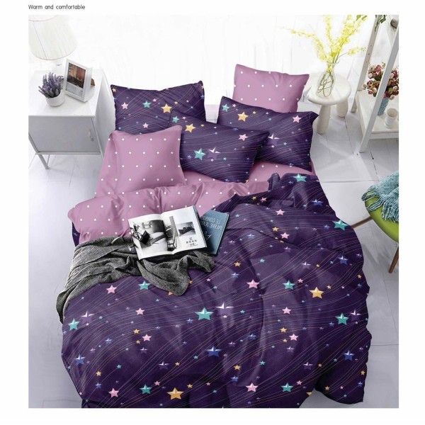 Lenjerie de pat din Finet, Jojo, 6 Piese, Pat 2 Persoane, Mov-Lila, stele, PAP-PH-018