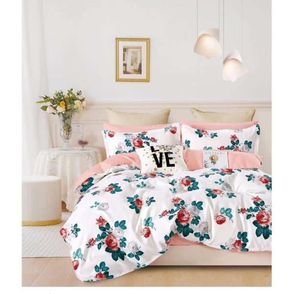 Lenjerie de pat din Finet, Jojo, 6 Piese, Pat 2 Persoane, Alb-Roz, flori, PAP-PH-020