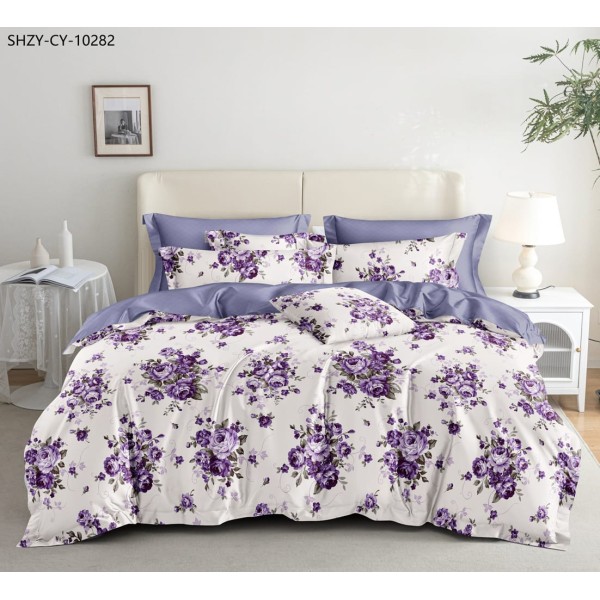 Pachet Promo: Lenjerie de pat din Finet, Jojo, 6 Piese, Pat 2 Persoane, Alb-Mov, flori, CP-PH-022