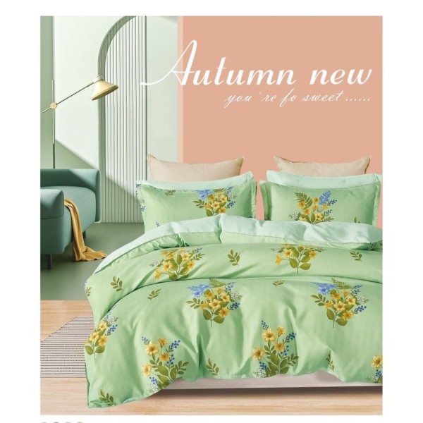 Lenjerie de pat din Finet, Jojo, 6 Piese, Pat 2 Persoane, Verde-Galben, flori, CP-PH-025