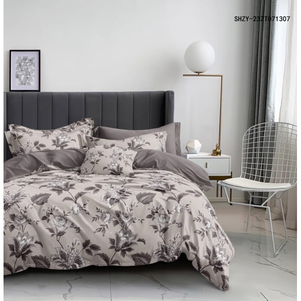 Lenjerie de pat din Finet, Jojo, 6 Piese, Pat 2 Persoane, Gri-Bej, flori, CP-PH-027