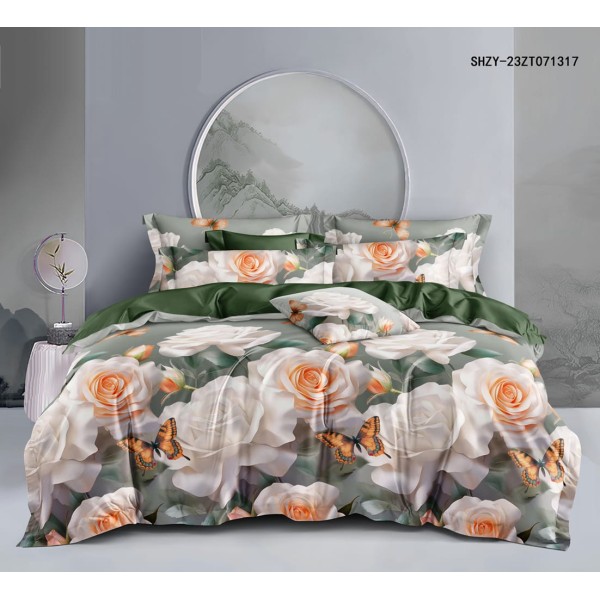 Lenjerie de pat din Finet, Jojo, 6 Piese, Pat 2 Persoane, Gri-Multicolor, flori, fluturi, CP-PH-029