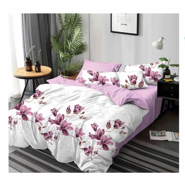 Pachet Promo: Lenjerie de pat din Finet, Jojo, 6 Piese, Pat 2 Persoane, Alb-Lila, flori, PH-033