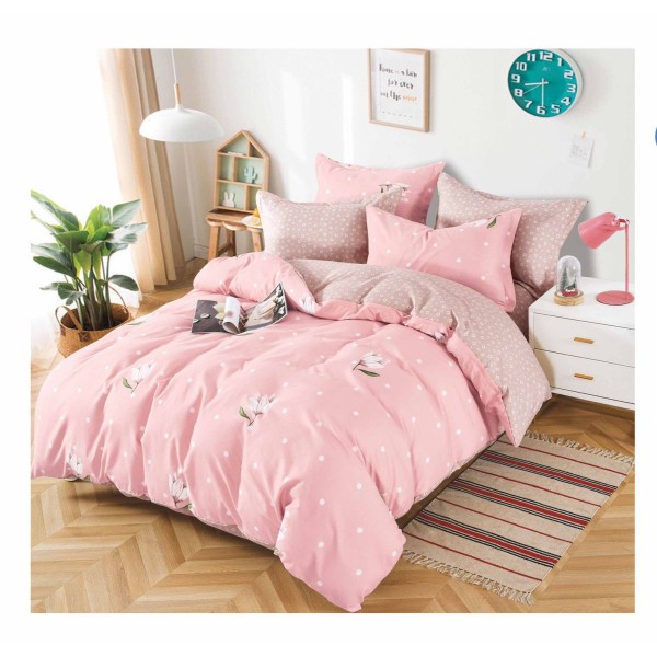 Lenjerie de pat din Finet, Jojo, 6 Piese, Pat 2 Persoane, Roz-Alb, flori, PH-035