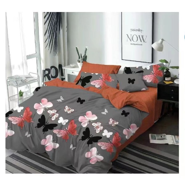 Lenjerie de pat din Finet, Jojo, 6 Piese, Pat 2 Persoane, Gri-Multicolor, fluturi, PH-036