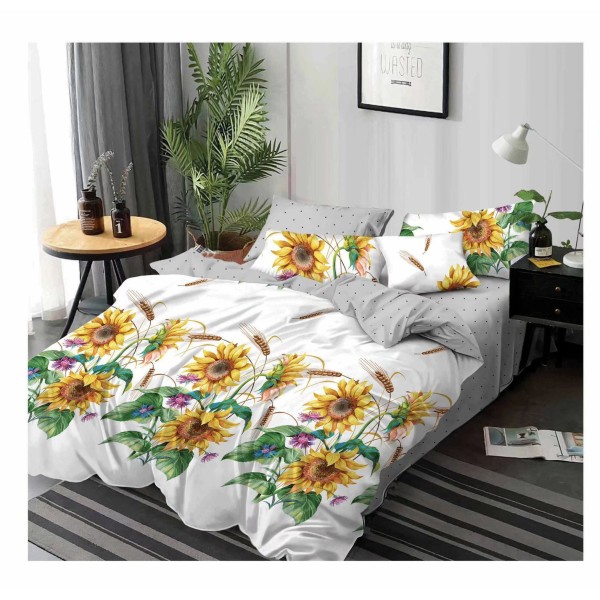 Pachet Promo: Lenjerie de pat din Finet, Jojo, 6 Piese, Pat 2 Persoane, Alb-Multicolor, flori, PH-038