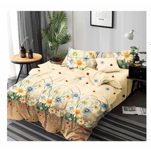 Lenjerie de pat din Finet, Jojo, 6 Piese, Pat 2 Persoane, Crem-Multicolor, flori, PH-043