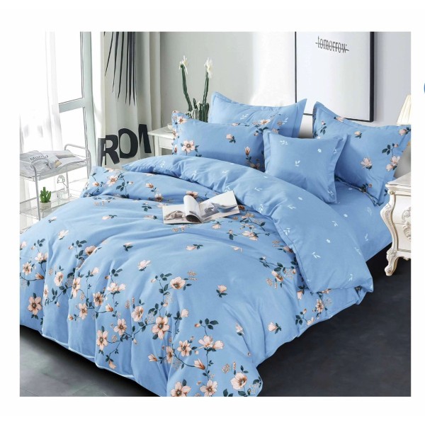 Lenjerie de pat din Finet, Jojo, 6 Piese, Pat 2 Persoane, Albastru-Alb, flori, PH-048