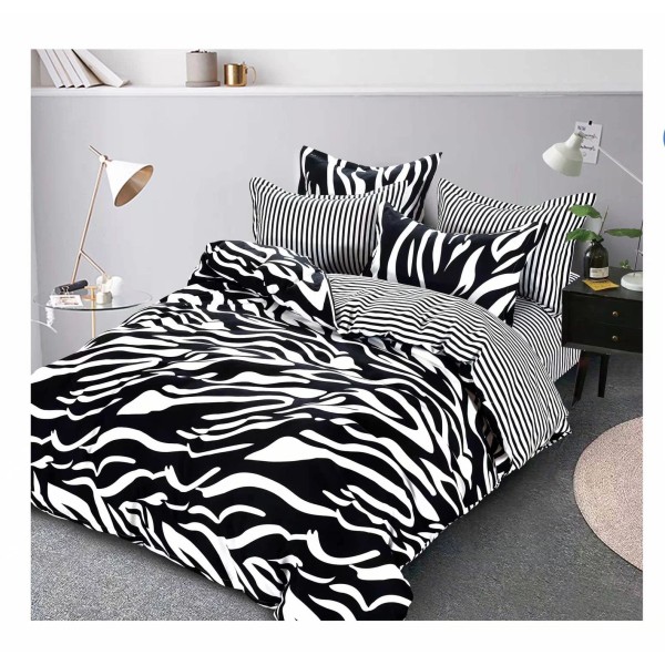 Lenjerie de pat din Finet, Jojo, 6 Piese, Pat 2 Persoane, Alb-Negru, zebra, PAP-PH-054