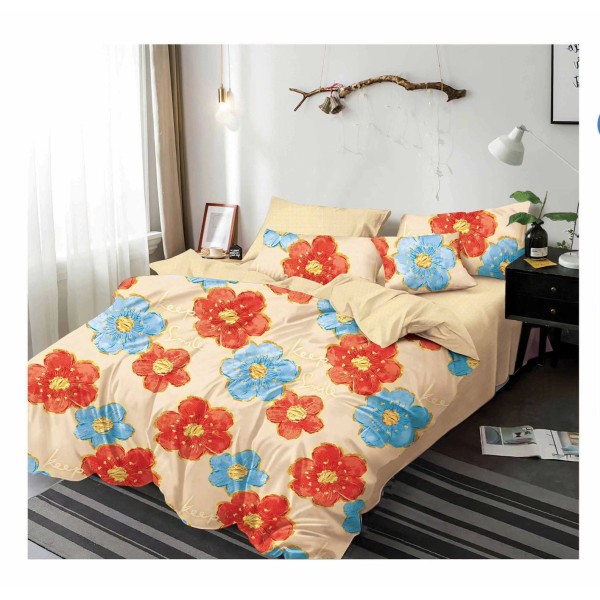 Lenjerie de pat din Finet, Jojo, 6 Piese, Pat 2 Persoane, Crem-Multicolor, flori, PAP-PH-059