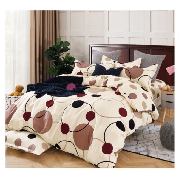 Lenjerie de pat din Finet, Jojo, 6 Piese, Pat 2 Persoane, Crem-Maro, cercuri, PAP-PH-060