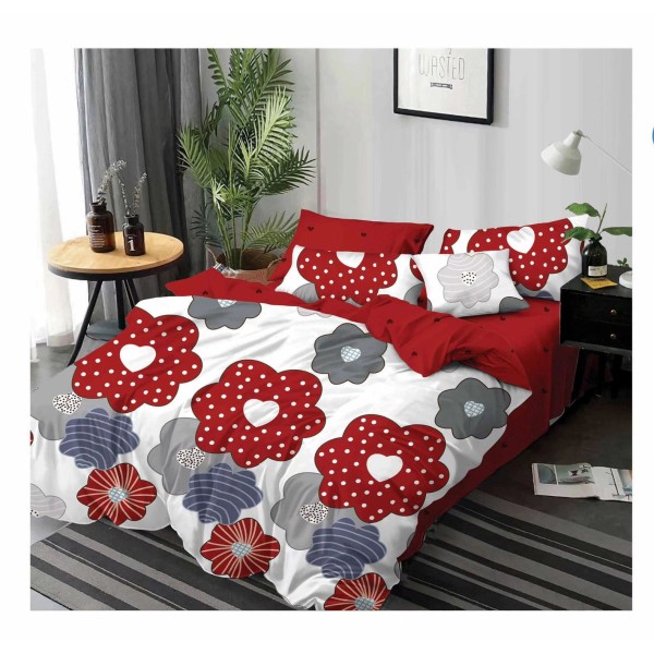 Lenjerie de pat din Finet, Jojo, 6 Piese, Pat 2 Persoane, Alb-Rosu, flori, PAP-PH-078