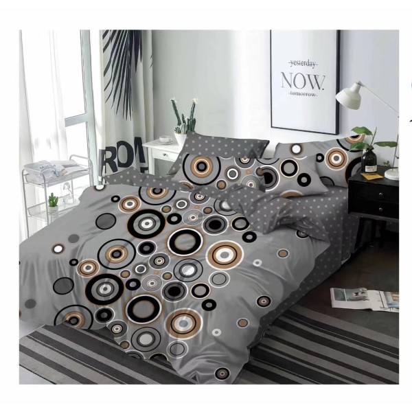 Lenjerie de pat din Finet, Jojo, 6 Piese, Pat 2 Persoane, Gri-Negru, cercuri, PH-082