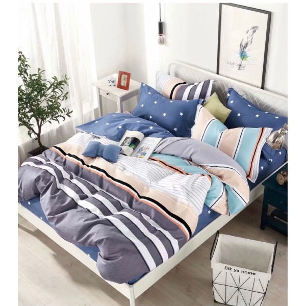 Lenjerie de Pat din Finet, 4 Piese, Pat 1 Persoana, Albastru-Multicolor, linii, LFS-041