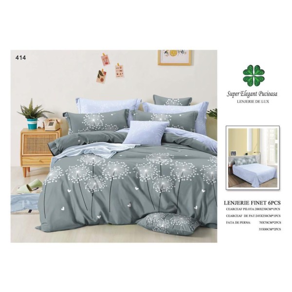 Set Lenjerie de Pat din Finet cu 2 Fete, 6 Piese, Pat 2 Persoane, Gri-Blue, flori, LDF-075