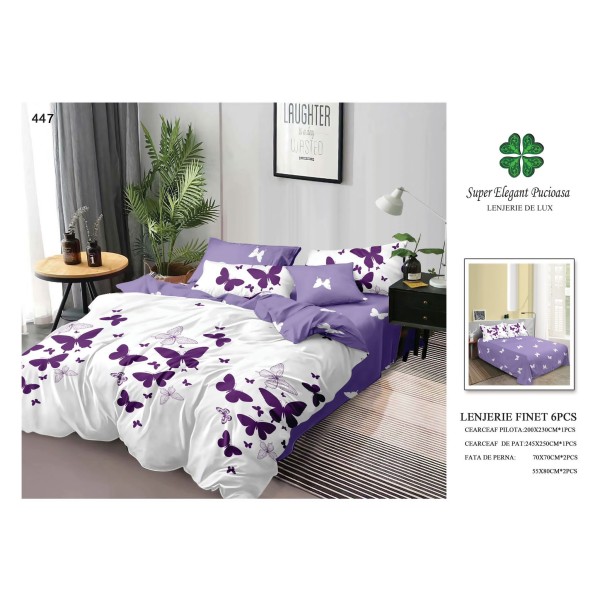 Set Lenjerie de Pat din Finet cu 2 Fete, 6 Piese, Pat 2 Persoane, Alb-Mov, fluturi, LDF-078