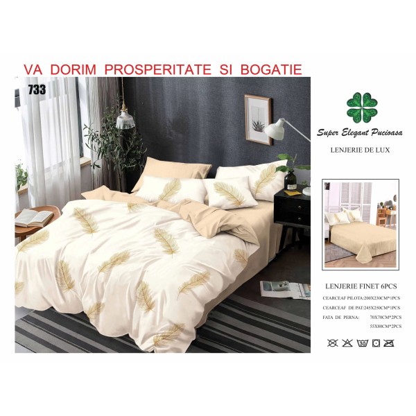 Set Lenjerie de Pat din Finet cu 2 Fete, 6 Piese, Pat 2 Persoane, Crem-Bej, pene, LDF-083