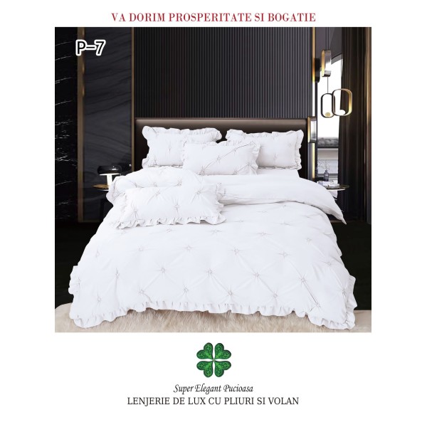 Lenjerie de pat dublu finet 4 piese cu pliuri și volănașe–alb, LDI-077