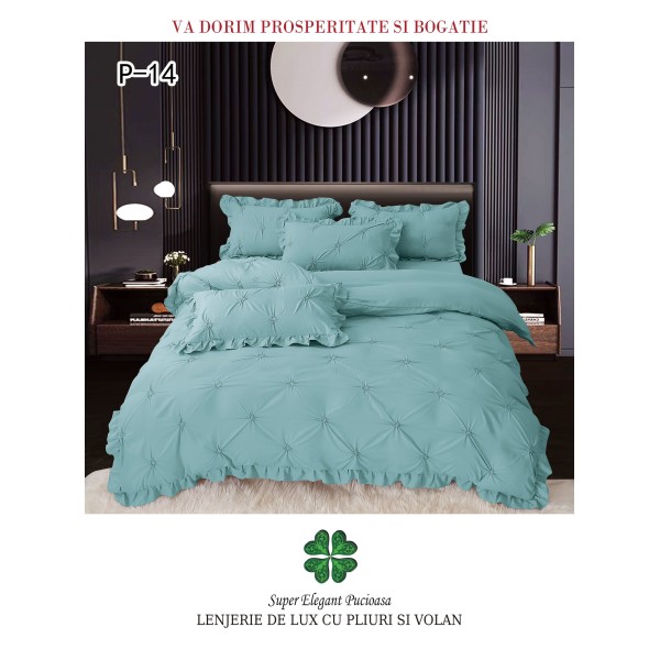 Lenjerie de pat dublu finet 4 piese cu pliuri și volănașe–verde menta, LDI-082