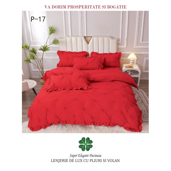 Lenjerie de pat dublu finet 4 piese cu pliuri și volănașe–rosu, LPF-018