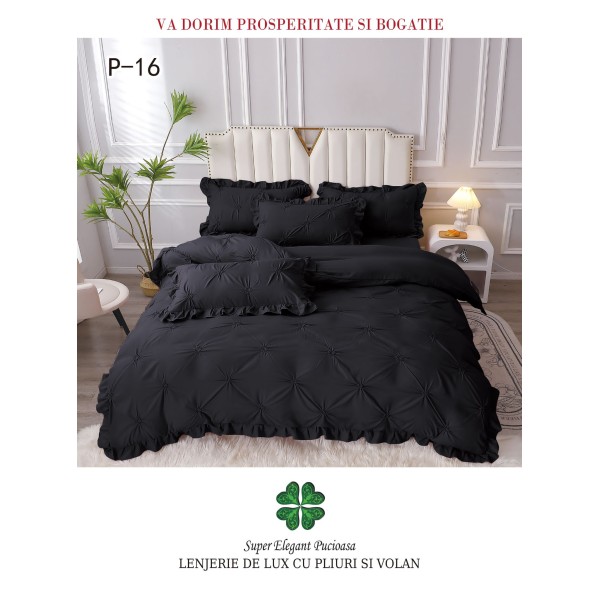 Lenjerie de pat dublu finet 4 piese cu pliuri și volănașe–negru, LDI-075