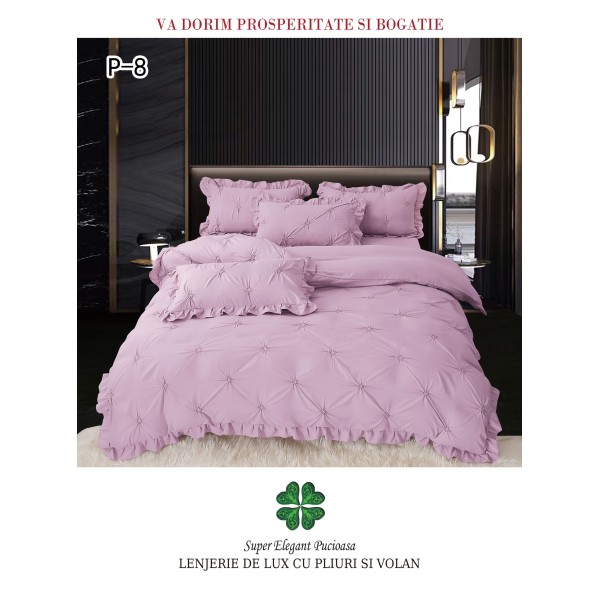 Lenjerie de pat dublu finet 4 piese cu pliuri și volănașe–mov deschis, LDI-081