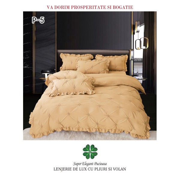 Lenjerie de pat dublu finet 4 piese cu pliuri și volănașe–bej, LDI-083