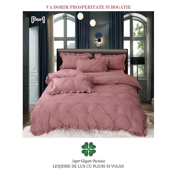 Lenjerie de pat dublu finet 4 piese cu pliuri și volănașe–roz inchis, LDI-091