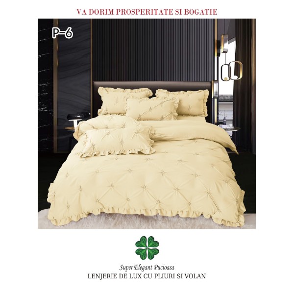 Lenjerie de pat dublu finet 4 piese cu pliuri și volănașe–crem, LDI-090