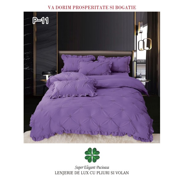 Lenjerie de pat dublu finet 4 piese cu pliuri și volănașe–mov regal, LDI-085