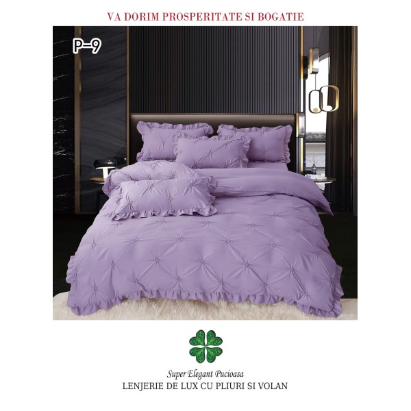 Lenjerie de pat dublu finet 4 piese cu pliuri și volănașe–mov lavanda, LDI-087