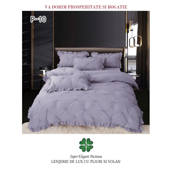 Lenjerie de pat dublu finet 4 piese cu pliuri și volănașe–gri, LDI-084