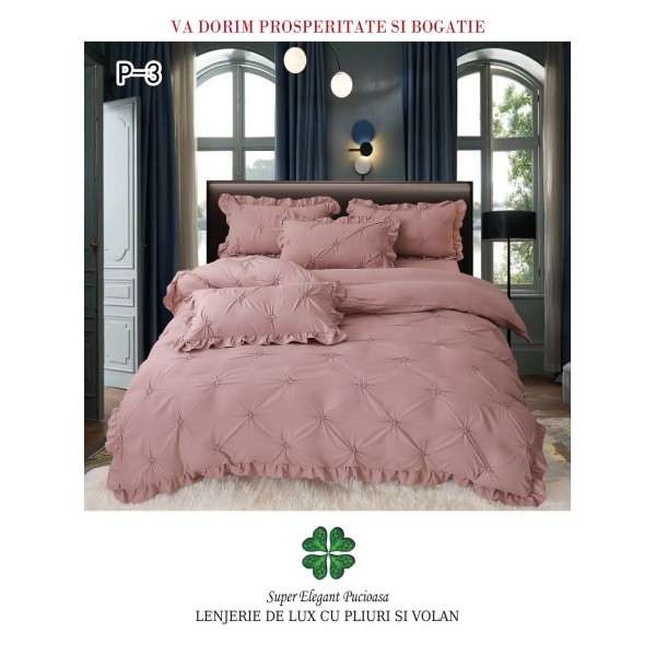 Lenjerie de pat dublu finet 4 piese cu pliuri și volănașe–roz prafuit, LDI-086