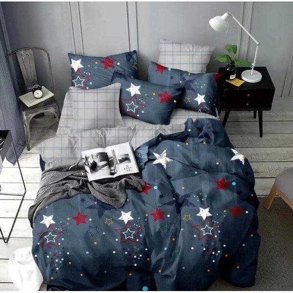 Lenjerie de Pat din Finet, 4 Piese, Pat 1 Persoana, Albastru-Gri, stele, LFS-083