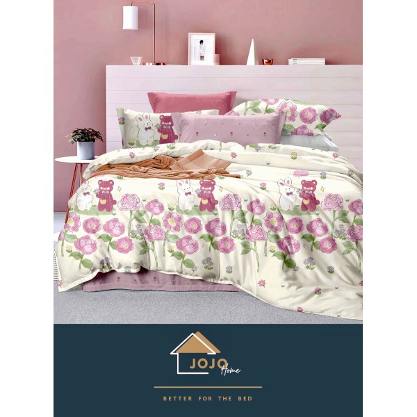 Lenjerie de Pat din Finet, 4 Piese, Pat 1 Persoana, Alb-Roz, flori, LFS-108