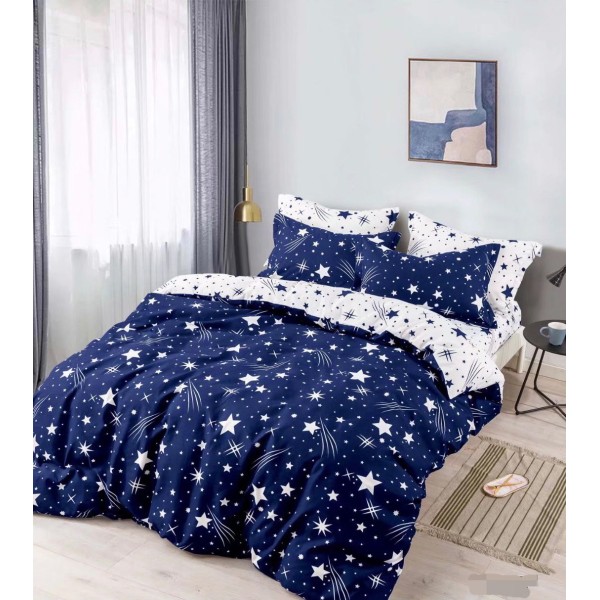 Lenjerie de Pat din Finet, 4 Piese, Pat 1 Persoana, Alb-Albastru, stele, LFS-109 Lenjerie de Pat din Finet, 4 Piese, Pat 1 Persoana, Alb-Albastru, stele, LFS-109