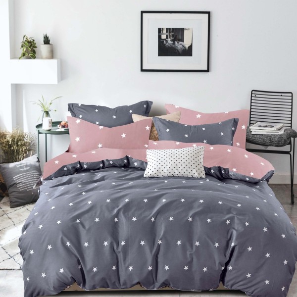 Lenjerie de Pat din Finet, 4 Piese, Pat 1 Persoana, Gri-Roz, inimioare, LFS-115
