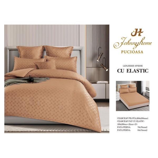 Lenjerie pat dublu, BUMBAC FINET, 6 piese, CAROURI cu ELASTIC, UNI, Maro, LFU-021