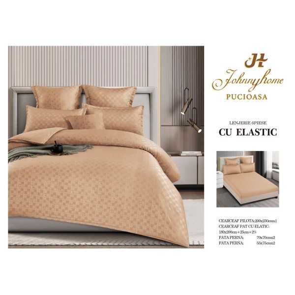 Lenjerie pat dublu, BUMBAC FINET, 6 piese, CAROURI cu ELASTIC, UNI, Bej, LFU-022