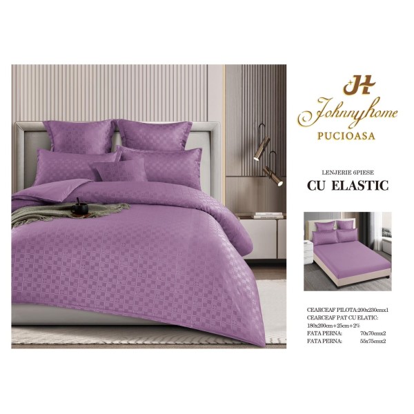 Lenjerie pat dublu, BUMBAC FINET, 6 piese, CAROURI cu ELASTIC, UNI, Mov, LFU-023