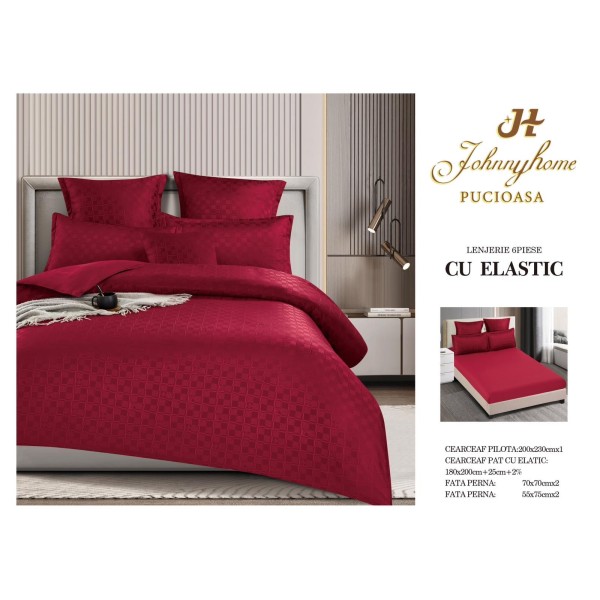 Lenjerie pat dublu, BUMBAC FINET, 6 piese, CAROURI cu ELASTIC, UNI, Bordo, LFU-025