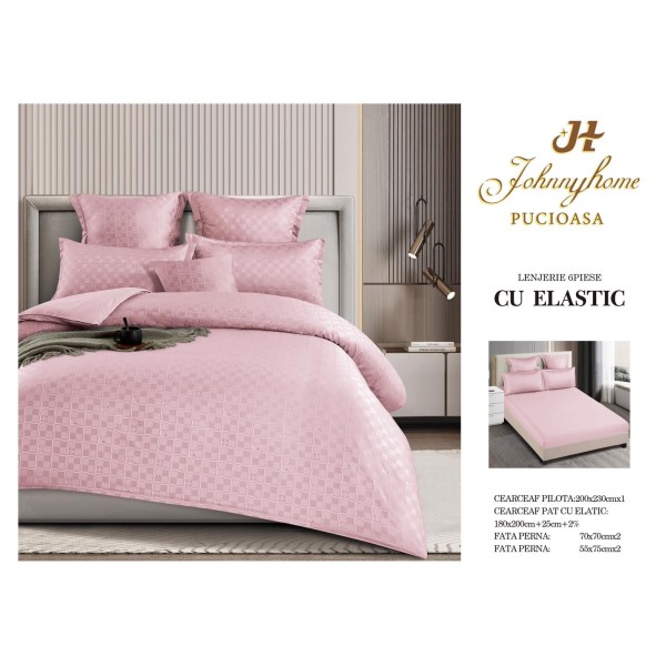 Lenjerie pat dublu, BUMBAC FINET, 6 piese, CAROURI cu ELASTIC, UNI, Roz, LFU-026