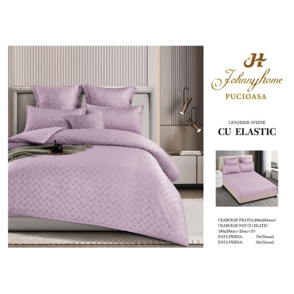 Lenjerie pat dublu, BUMBAC FINET, 6 piese, CAROURI cu ELASTIC, UNI, Lila, LFU-032