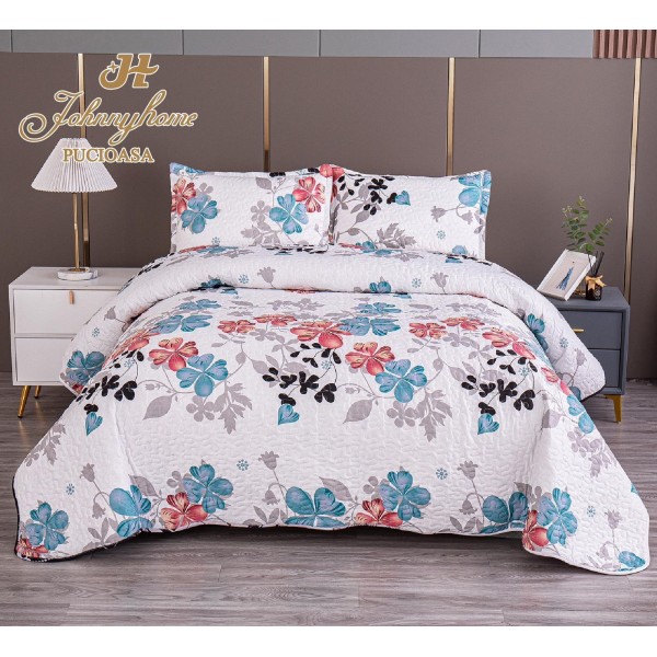 Cuvertura pentru pat dublu cu 2 fete, matlasata, Bumbac Satinat, Alb-Multicolor, flori, OCT-003