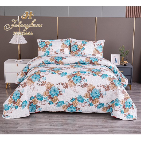 Cuvertura pentru pat dublu cu 2 fete, matlasata, Bumbac Satinat, Alb-Multicolor, flori, OCT-006