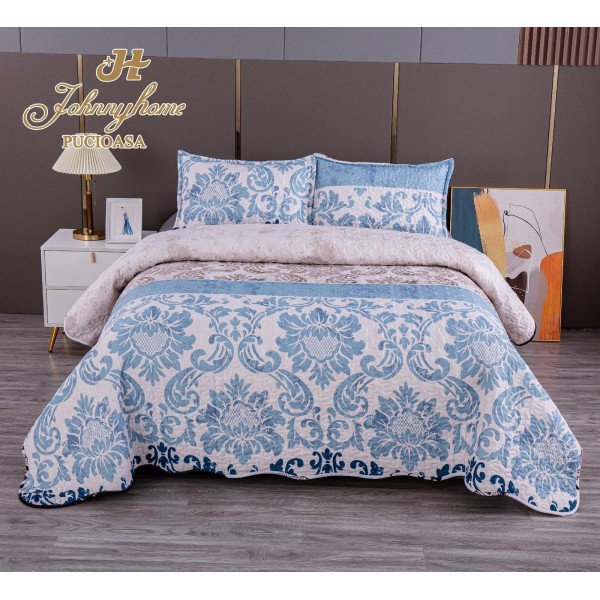 Cuvertura pentru pat dublu cu 2 fete, matlasata, Bumbac Satinat, Alb-Blue, frunze, OCT-029