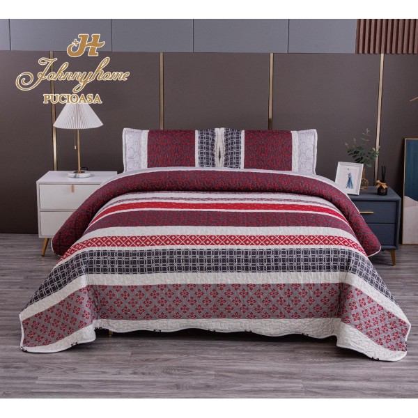 Cuvertura pentru pat dublu cu 2 fete, matlasata, Bumbac Satinat, Crem-Multicolor, linii, OCT-042